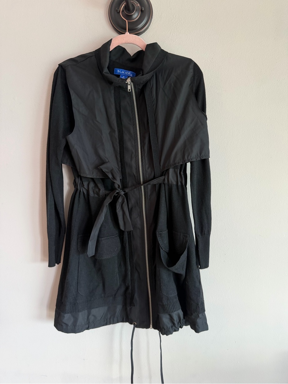 -BLU ICE Black Mixed Media Full Zip Trench Cardigan Belted Jacket Medium M⁠